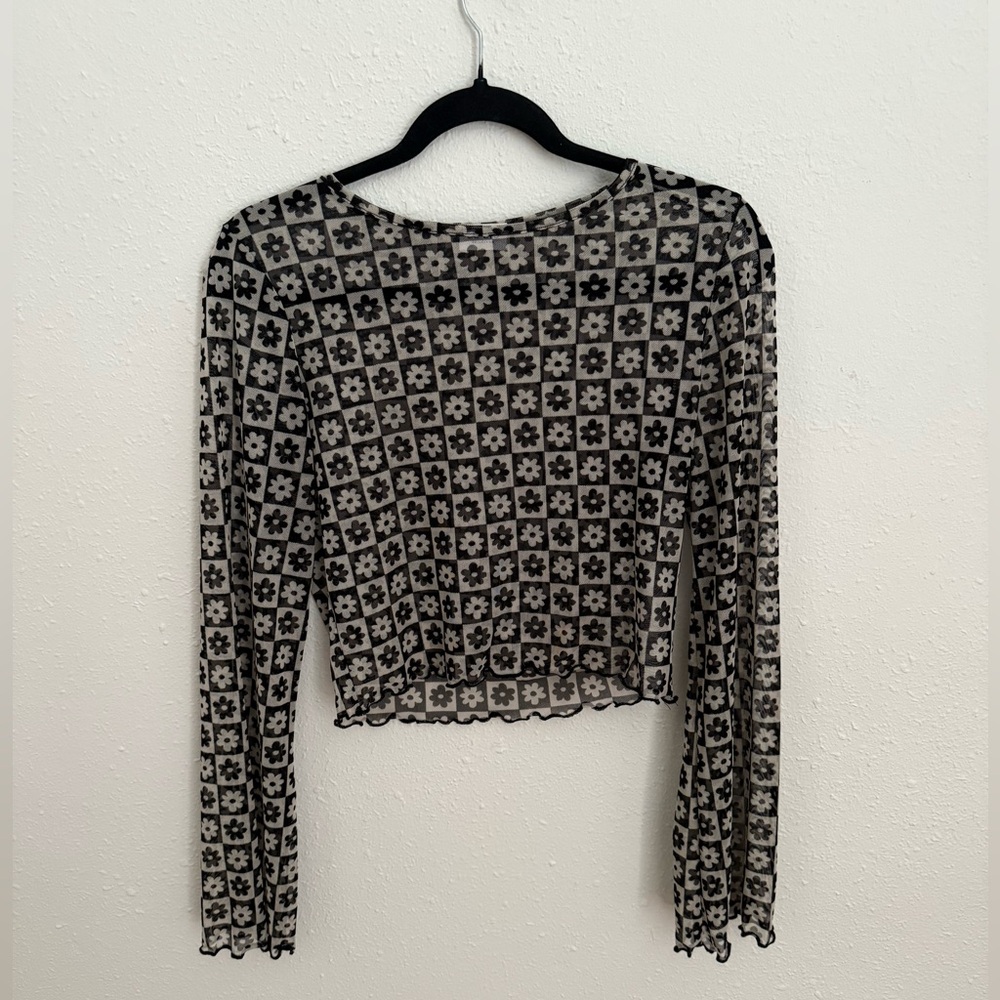 Le Lis Collection cropped, floral, mesh top with bell sleeves and ruffled edges